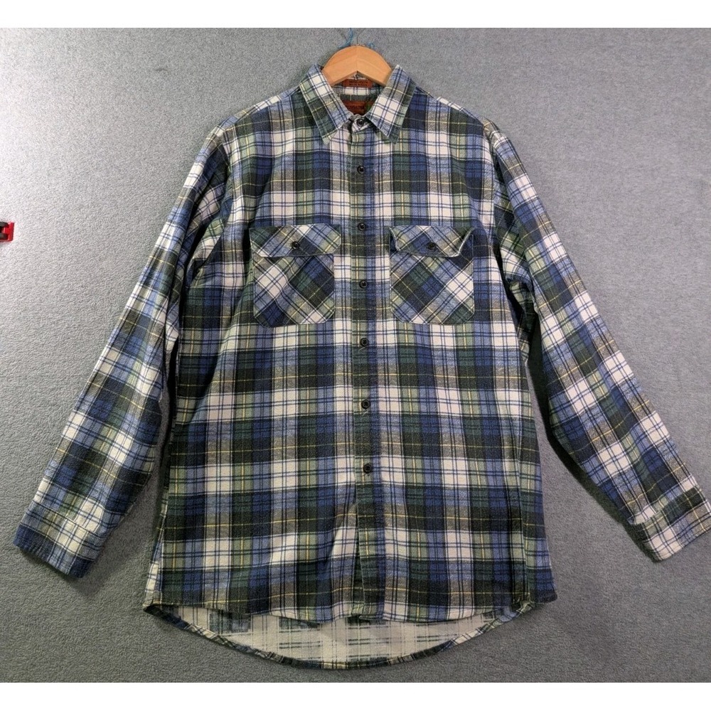 VTG FieldMaster Flannel Shirt Men's Large Tall Blue Green Plaid Made USA Cottage